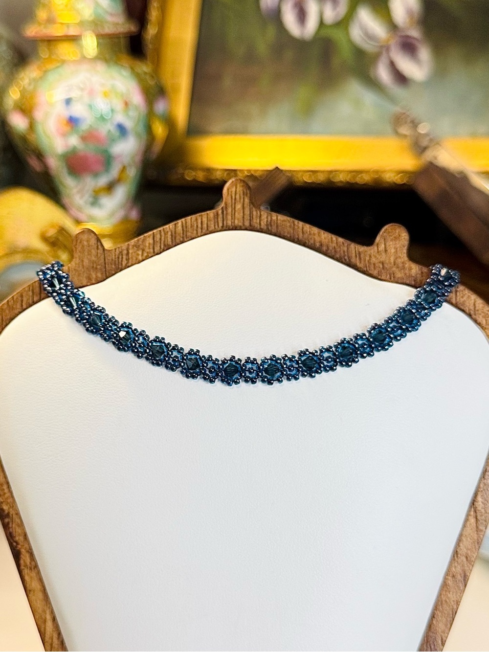 Artisanal Beadwoven Dark Blue Crystal Choker Necklace